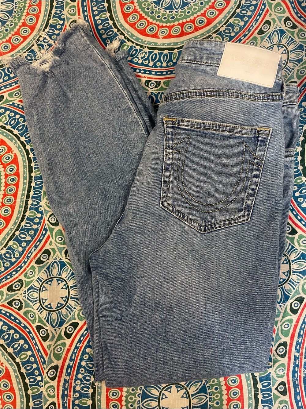 True Religion Light Blue Cropped Ankle Jeans with Frayed Hem